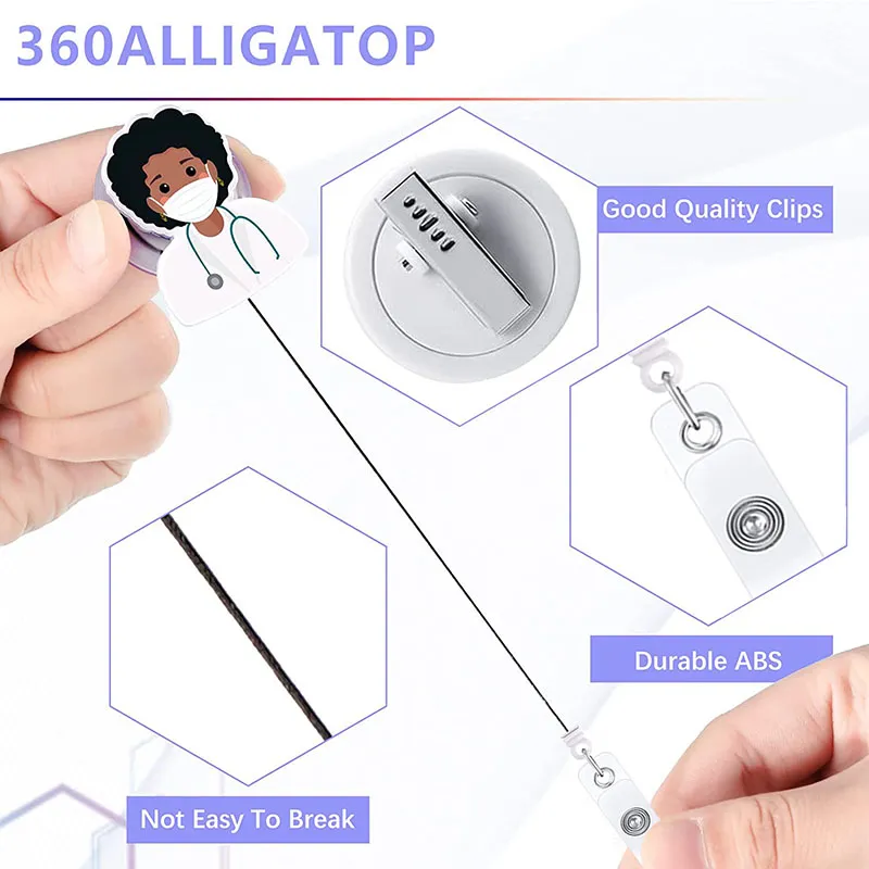 2022 new cute acrylic nurse doctor hospital badge reel retractable id badge holder with 360 rotating alligator clip name holder