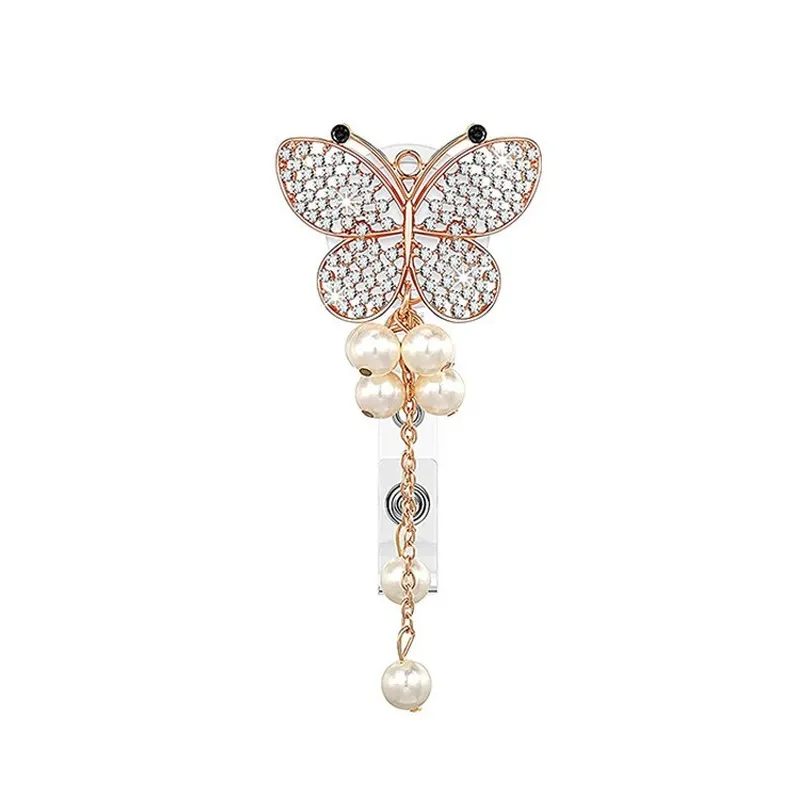butterfly diamond badge reel women girls staff retractable lanyard for work pass card id name badge chest clip crystal reel
