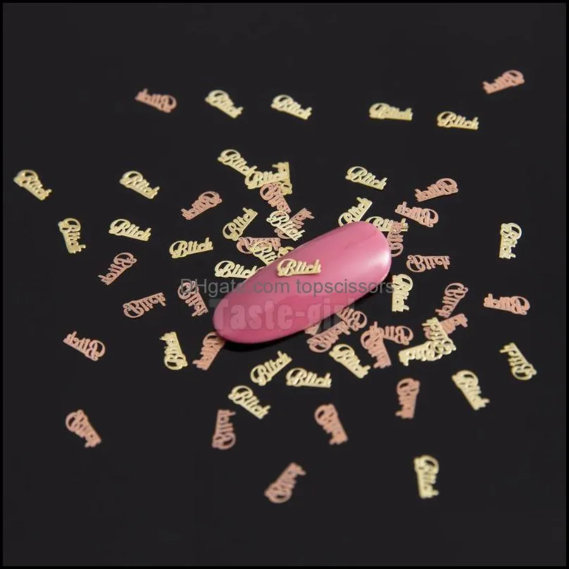 800pcs/pack metallic bitch fcuk letter nail art decoration gold brone back slice decals sticker nails accessories diy