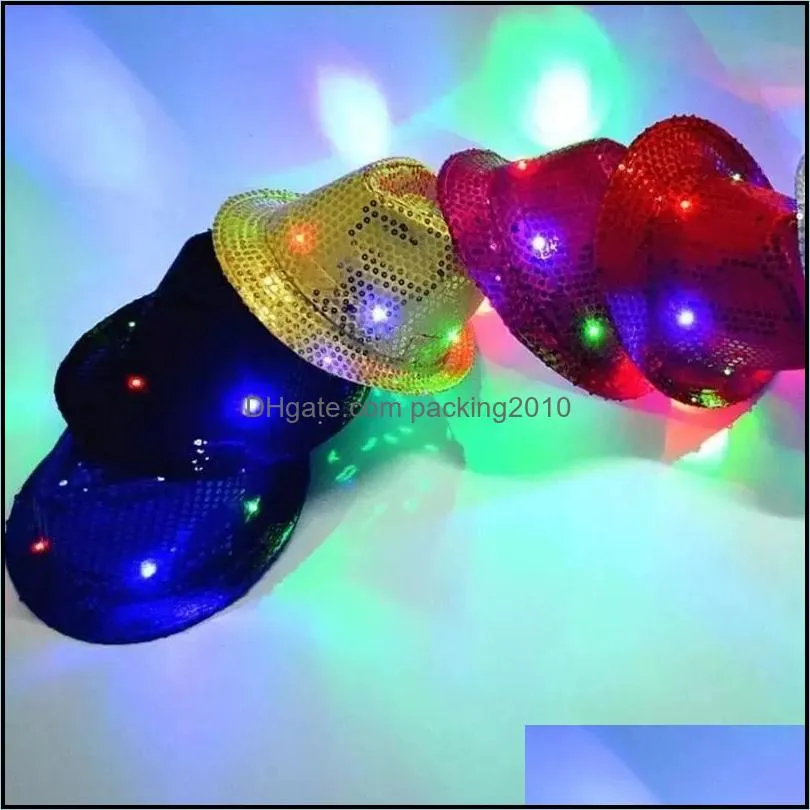 led jazz party hats flashing light up led fedora trilby sequins caps dress dance hats unisex hip hop lamp luminous hat