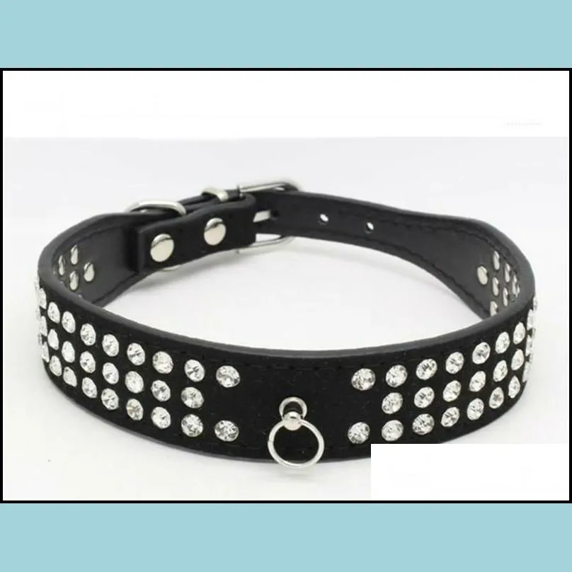 length suede skin jeweled rhinestones pet dog collars three rows sparkly crystal diamonds studded puppy collar