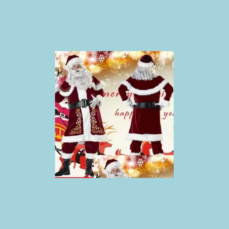 christmas decorations deluxe velvet santa claus suit adult mens costume gloves shawl hat tops belt foot cover gloves cosplay