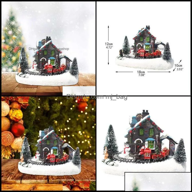 Decorative Objects Figurines Home Accents Decor Garden Christmas Village Led Lights Small Train House Luminous Landscape Resin Desktop