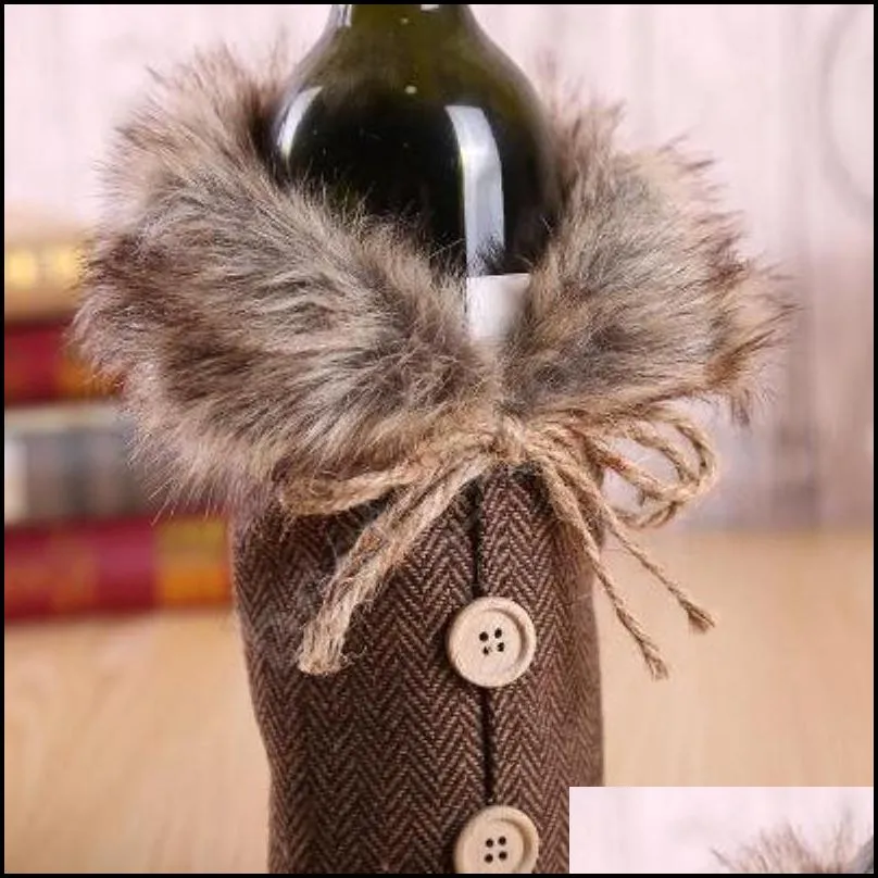 wine cover with bow plaid linen bottle clothes fluff creative wine fashion christmas decoration home fy3736