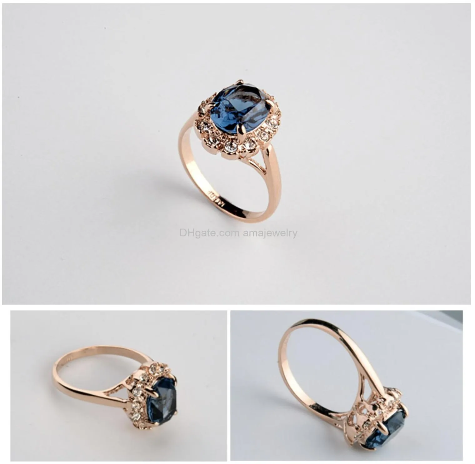 rose gold plated oval shaped gem style ring with sapphire blue swarovski element crystal and clear round shaped cubic zirconia fashion jewelry for women