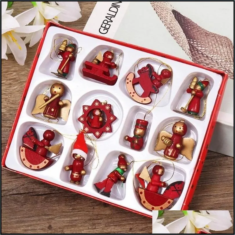 12pcs /set christmas decorations wooden miniature ornaments tree hanging pendants year gift toy for kid home party decor