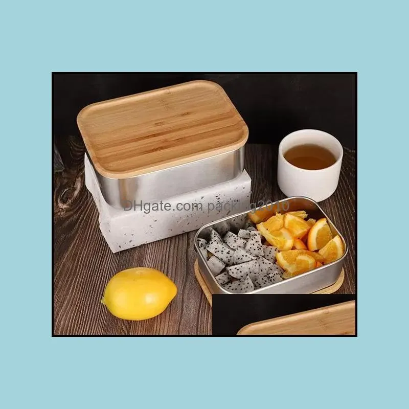 800ml food container lunch box with bamboo lid stainless steel bento box wooden top 1 layer food kitchen container easy for take