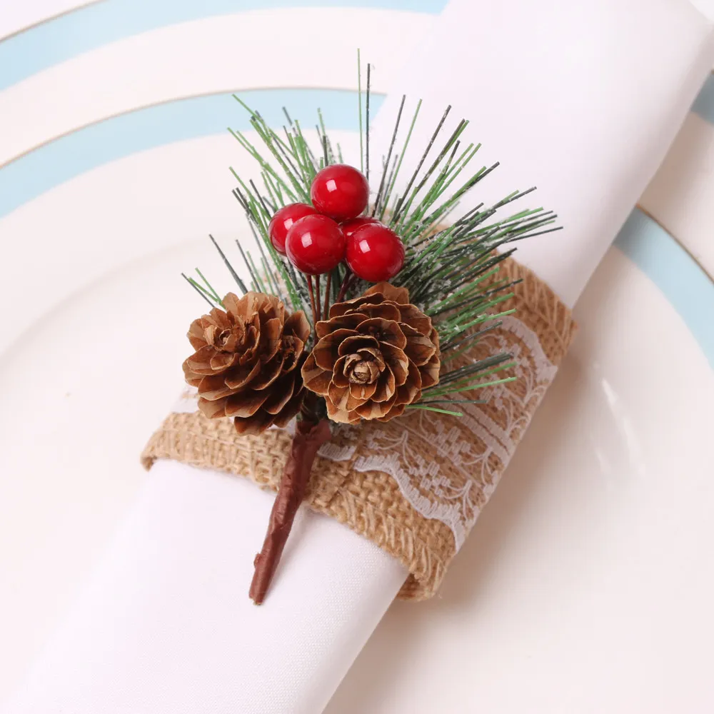 christmas jute pine needle napkin ring red berries cedar jute napkin buckle pine cone dining kitchen party table decor