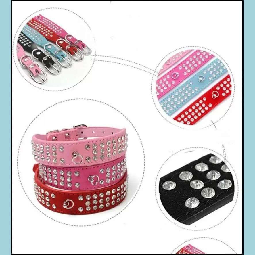 length suede skin jeweled rhinestones pet dog collars three rows sparkly crystal diamonds studded puppy collar