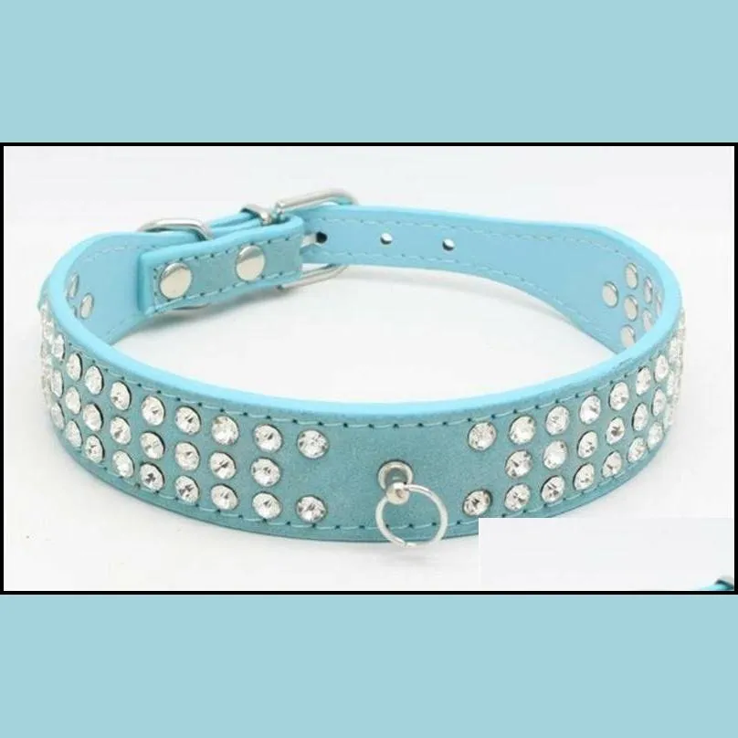 length suede skin jeweled rhinestones pet dog collars three rows sparkly crystal diamonds studded puppy collar