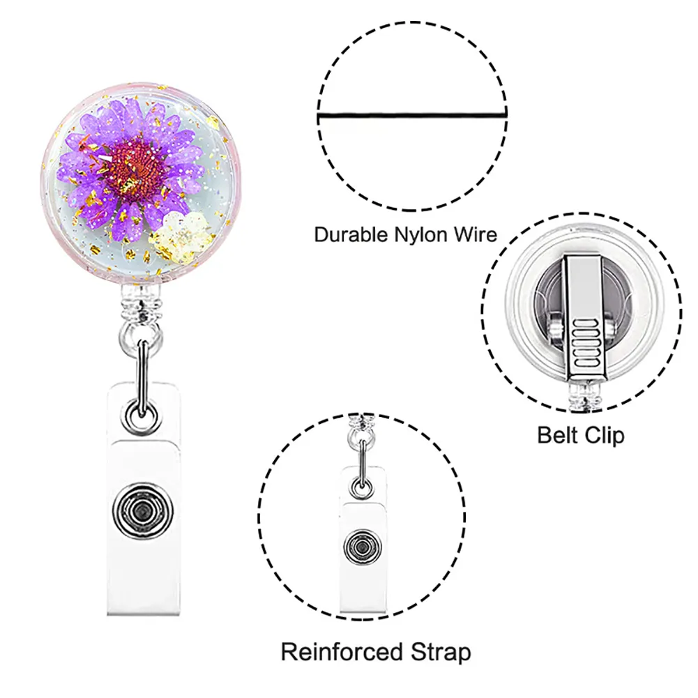 creative dried flowers resin retractable badge reel nurse badge reels retractable exhibition id card clips badge holder