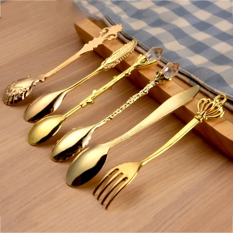 vintage spoons fork mini royal style metal gold carved coffee spoon fruit prikkers dessert fork kitchen tool teaspoon