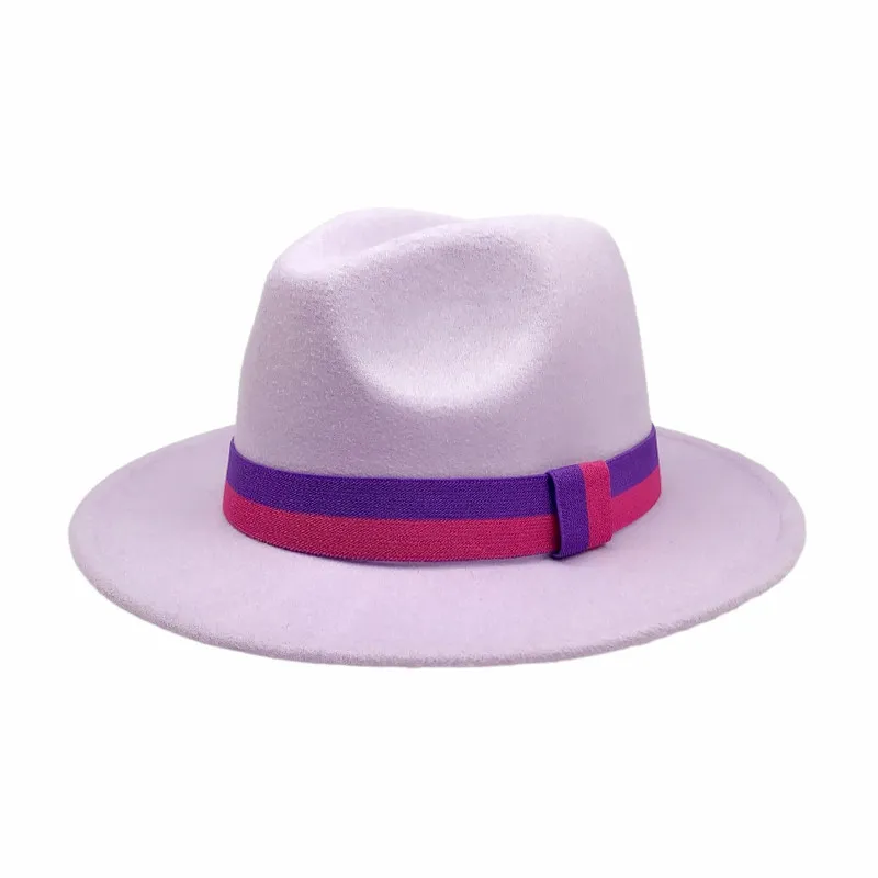 women wide brim wool felt jazz fedora hat with purple belt elegant men wide brim panama trilby cap wholesale