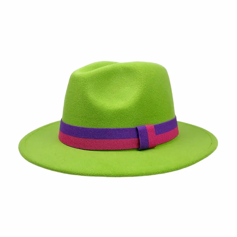 women wide brim wool felt jazz fedora hat with purple belt elegant men wide brim panama trilby cap wholesale