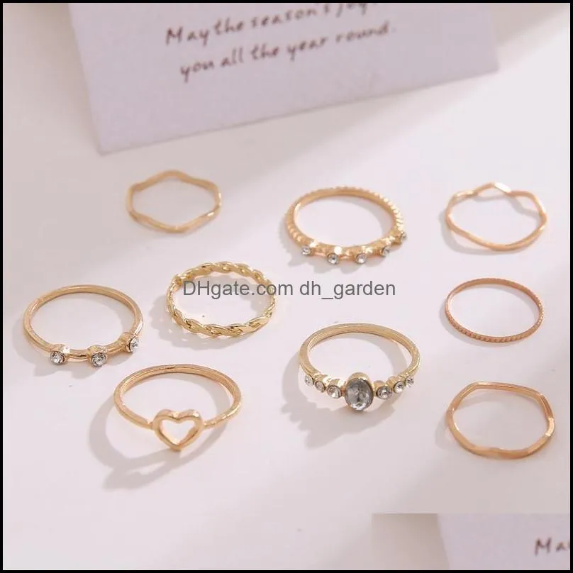 cluster rings 9pcs/set fashion female simple geometric heart twist ring set women rhinestone wedding party jewelry accessoriescluster