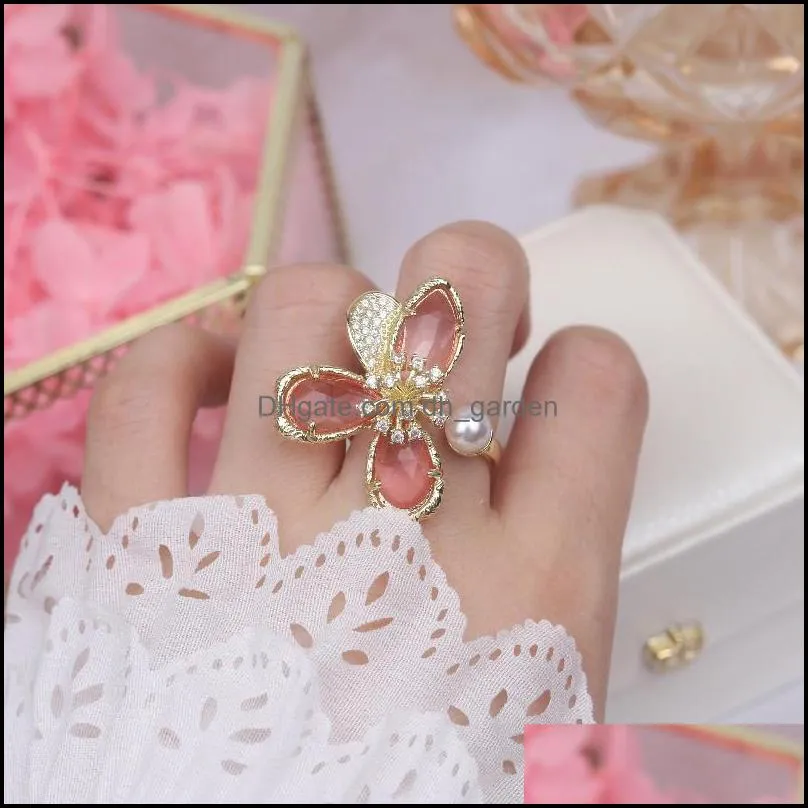 cluster rings korea design fashion jewelry exaggerated pink crystal flower ring luxury shiny womens party opening adjustable