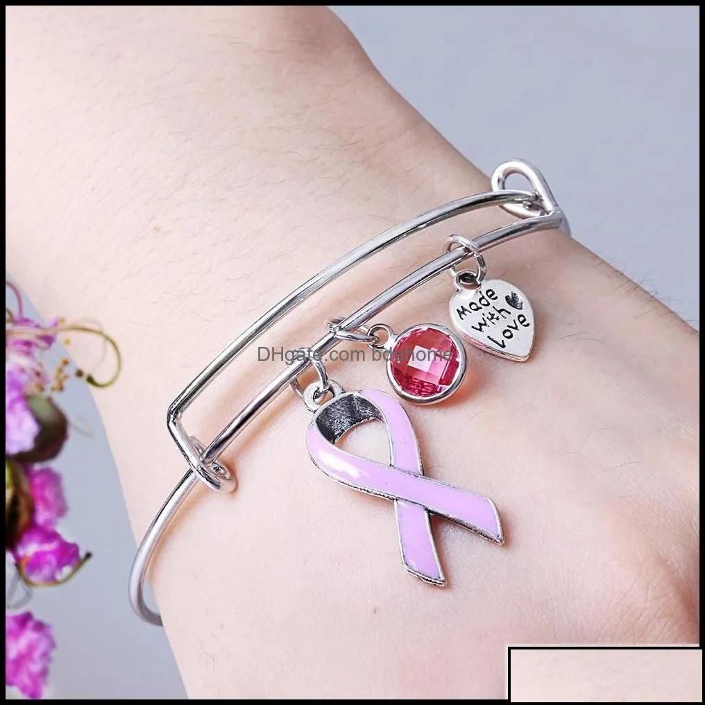 bangle breast cancer pink ribbon crystal charm wire bangles bracelet hand made with love bracelets adjustable jewelry gift bdejewelry