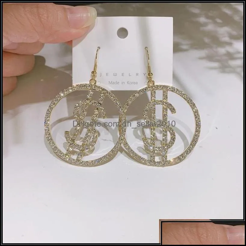 charm bling rhinestone dollar drop for women crystal circle dangle earrings gold hook money pendant brincos fashion jewelry 3776 q2 d