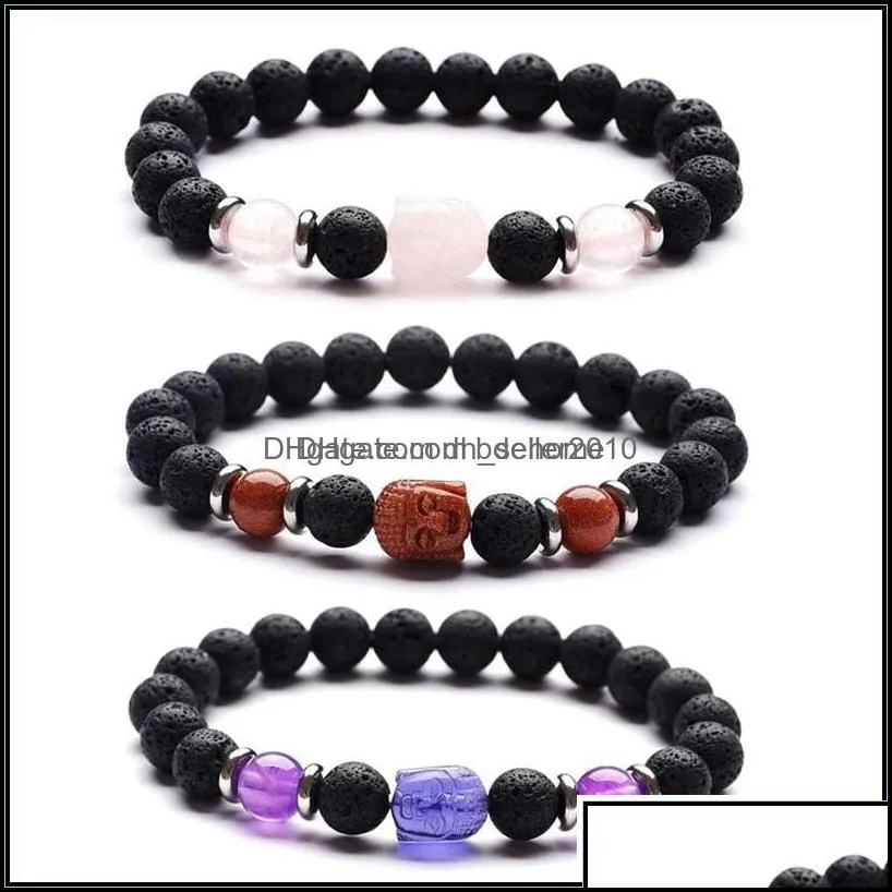 Beaded Strands Buddha Head Bracelets Strands Green Dongling Stone Carving Hand String Tigereye Jinsha Volcanic Rock Bracelet Access