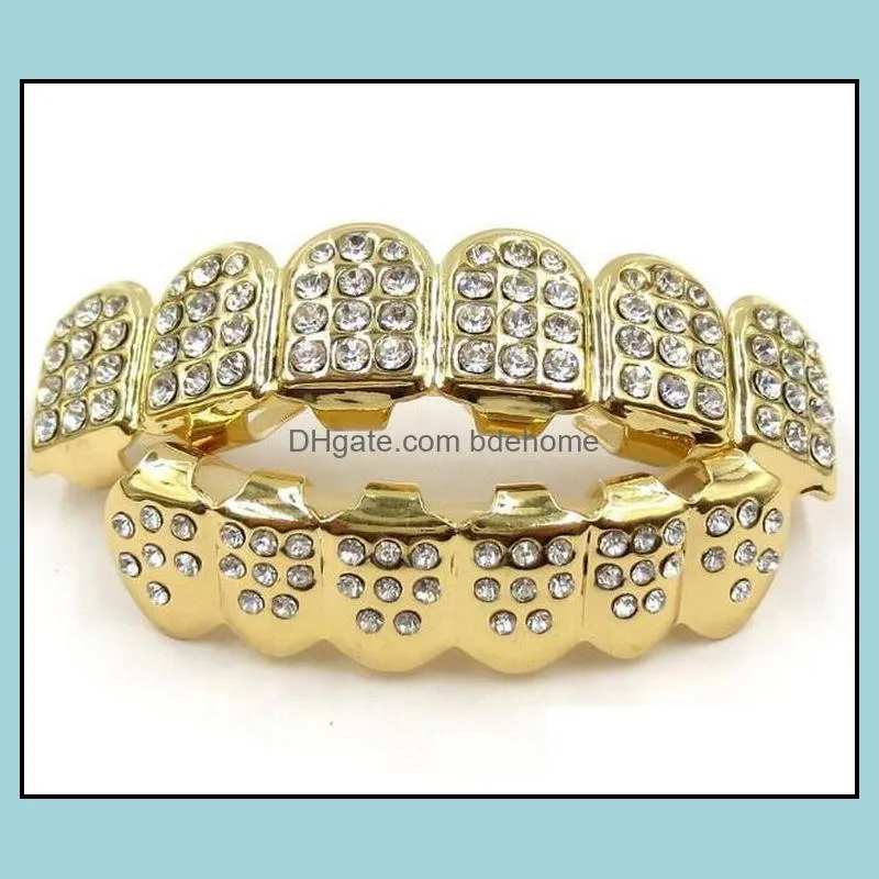 Gold Grills Hip Hop Gold Iced Out Cz Diamonds Teeth Top Silver Hiphop Jewelry Gold Teeth Grillz Rhinestone Top&Bottom Grills Set Shiny