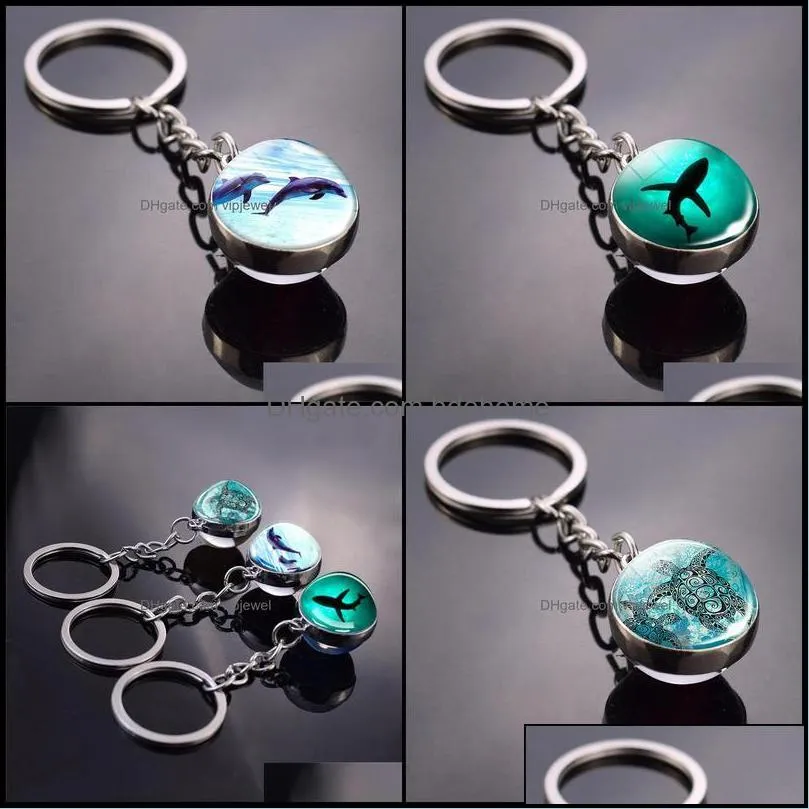 key rings jewelry custom sea animals keychain turtle starfish shark jellyfish  pattern double side glass ball pendant keyring drop