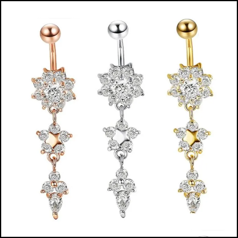 sexy belly bars button rings piercing crystal flower body jewelry navel ring golden accessories 6 styles