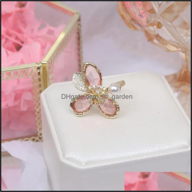 cluster rings korea design fashion jewelry exaggerated pink crystal flower ring luxury shiny womens party opening adjustable