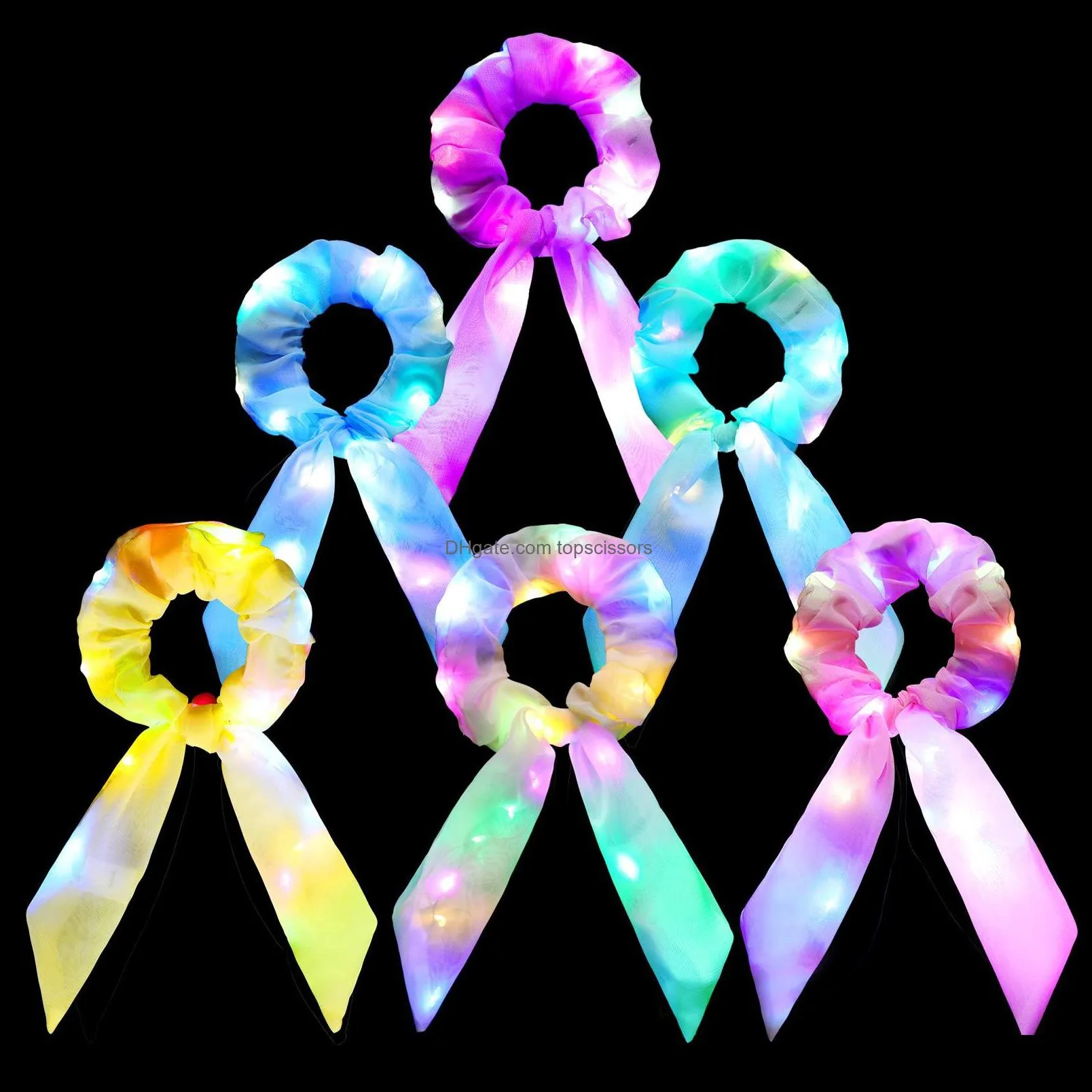 Flashing Hair Braid Neon Light Up Bow Scrunchies For Girls Cute Led Scrunchie Ponytail Holders Scarf Ties Women Rave Accessories Glow