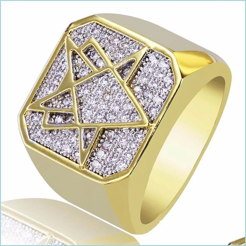 cluster rings hip hop luxury full cubic zirconia out bling golden ring gold color brass material star male rock jewelrycluster