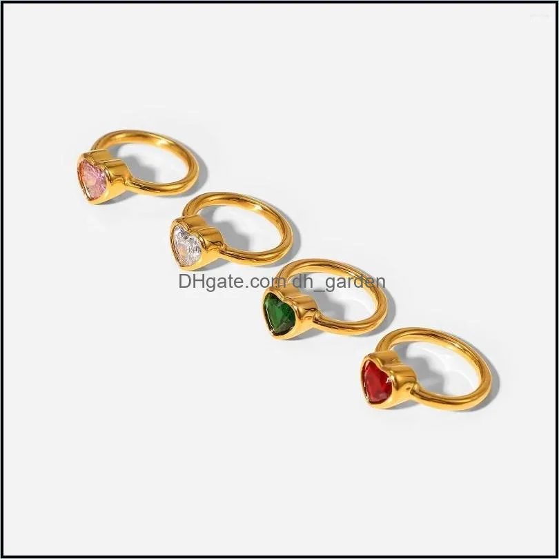 cluster rings cute y2k heart stainless steel 18k gold jewelry crystal cz stone large green red pink white zircon for girls gift