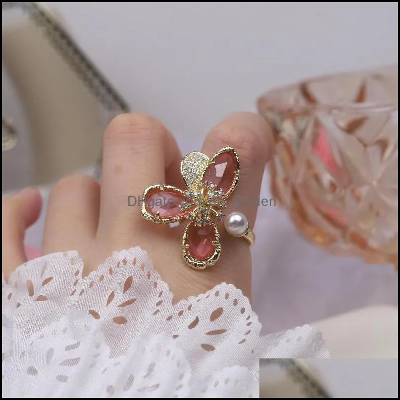 cluster rings korea design fashion jewelry exaggerated pink crystal flower ring luxury shiny womens party opening adjustable