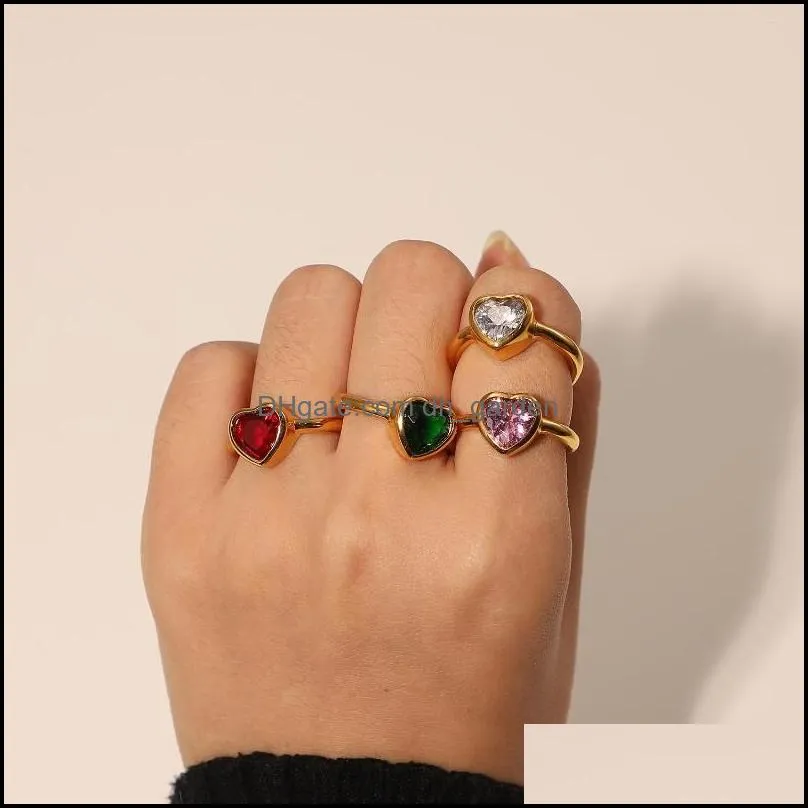 cluster rings cute y2k heart stainless steel 18k gold jewelry crystal cz stone large green red pink white zircon for girls gift