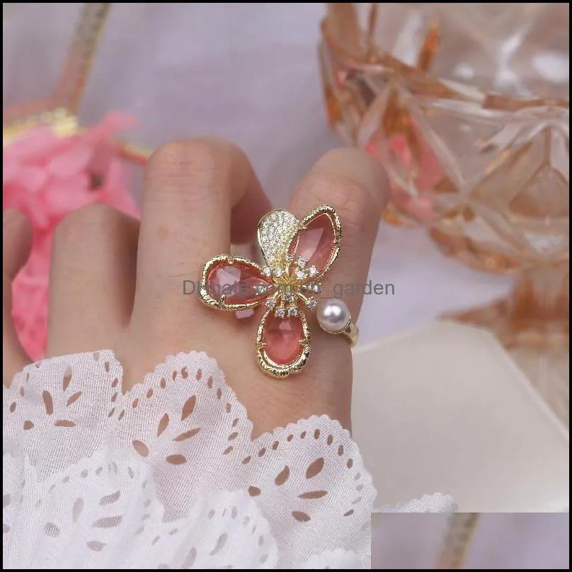 cluster rings korea design fashion jewelry exaggerated pink crystal flower ring luxury shiny womens party opening adjustable