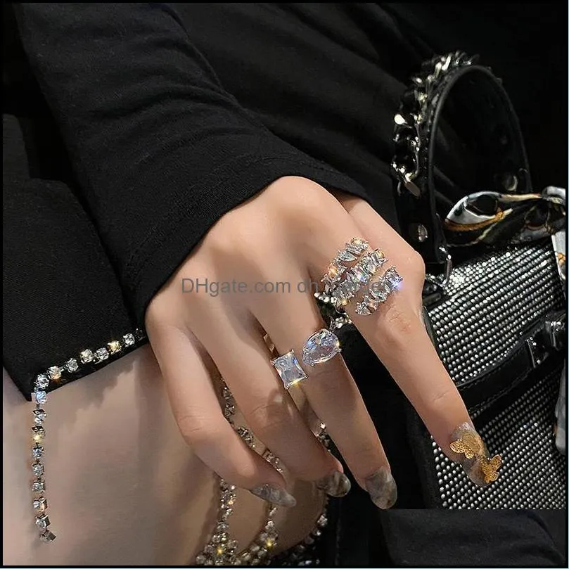 cluster rings koreas design fashion jewelry luxury copper inlaid large zircon shiny ring opening can be adjusted female index finger