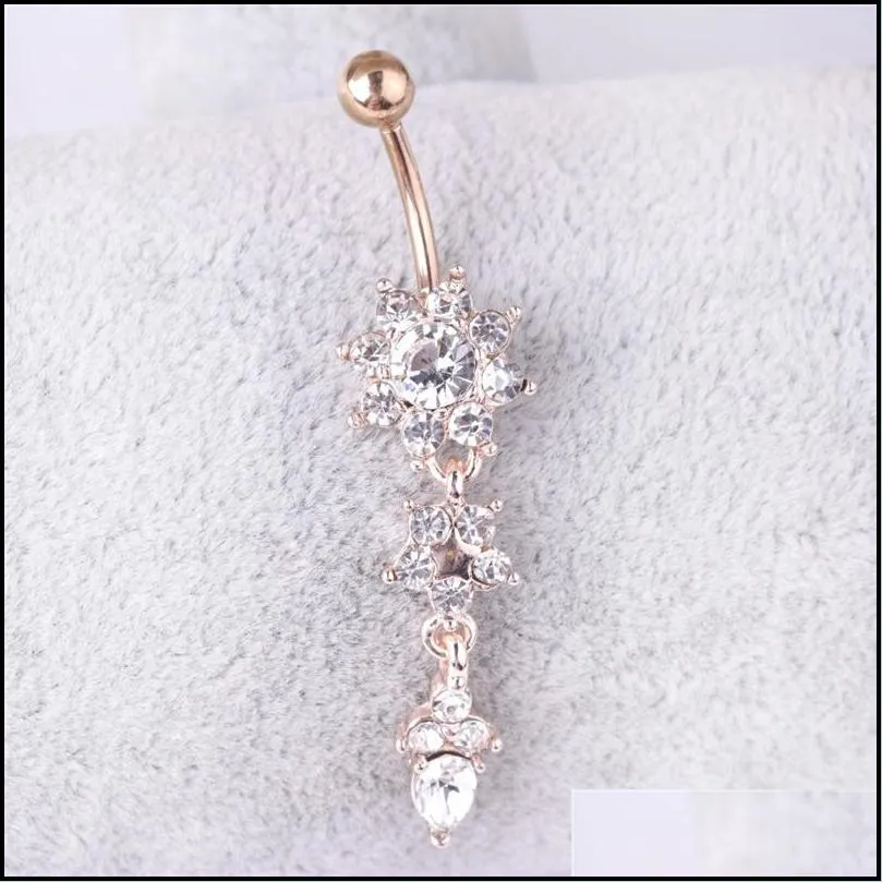 sexy belly bars button rings piercing crystal flower body jewelry navel ring golden accessories 6 styles