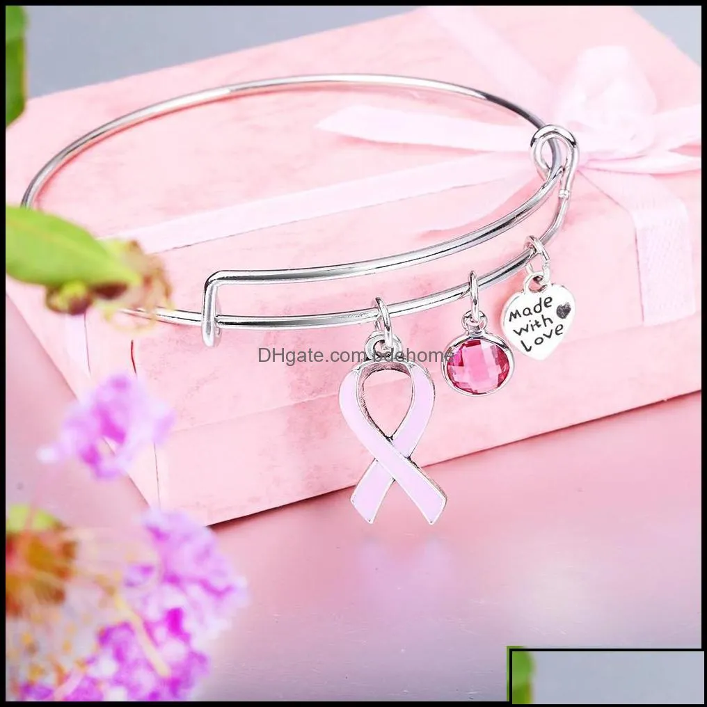 bangle breast cancer pink ribbon crystal charm wire bangles bracelet hand made with love bracelets adjustable jewelry gift bdejewelry