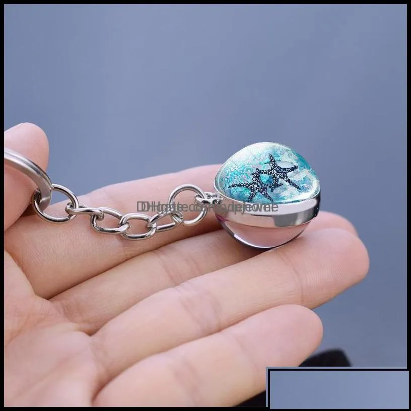 key rings jewelry custom sea animals keychain turtle starfish shark jellyfish  pattern double side glass ball pendant keyring drop