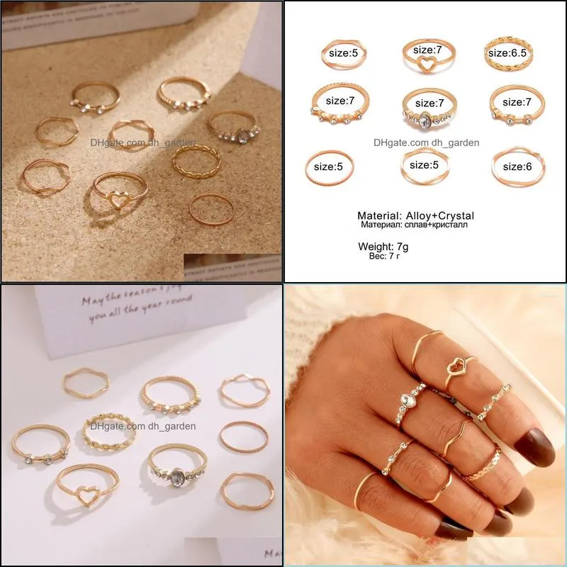 cluster rings 9pcs/set fashion female simple geometric heart twist ring set women rhinestone wedding party jewelry accessoriescluster