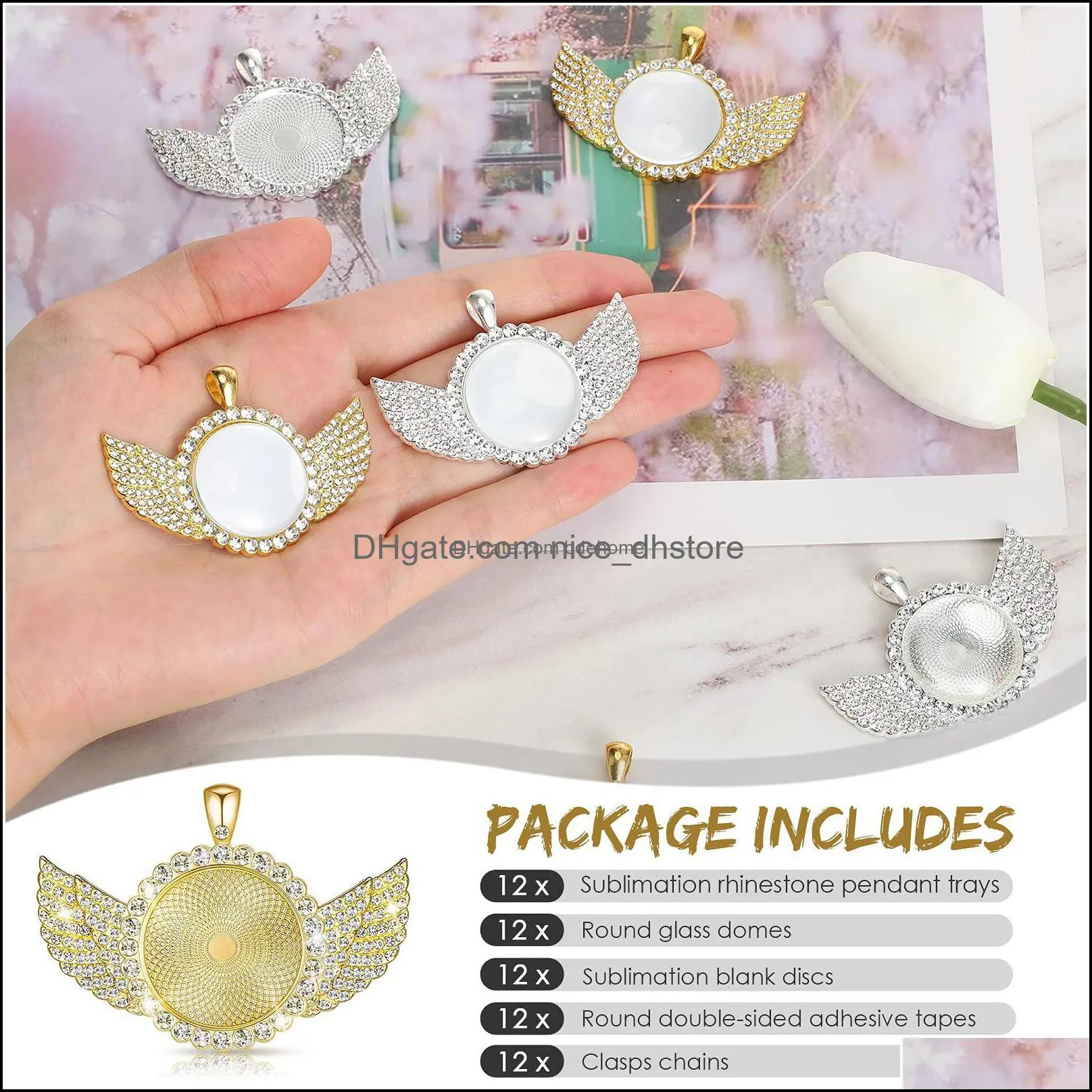 Pendant Necklaces Sublimation Wing Blank Trays Set 12 Rhinestone Bezel Round amMEp