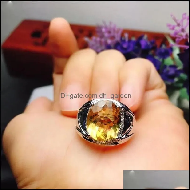cluster rings threedimensional design silver inlaid oval citrine mens ring opening domineering sparkling business style luxury
