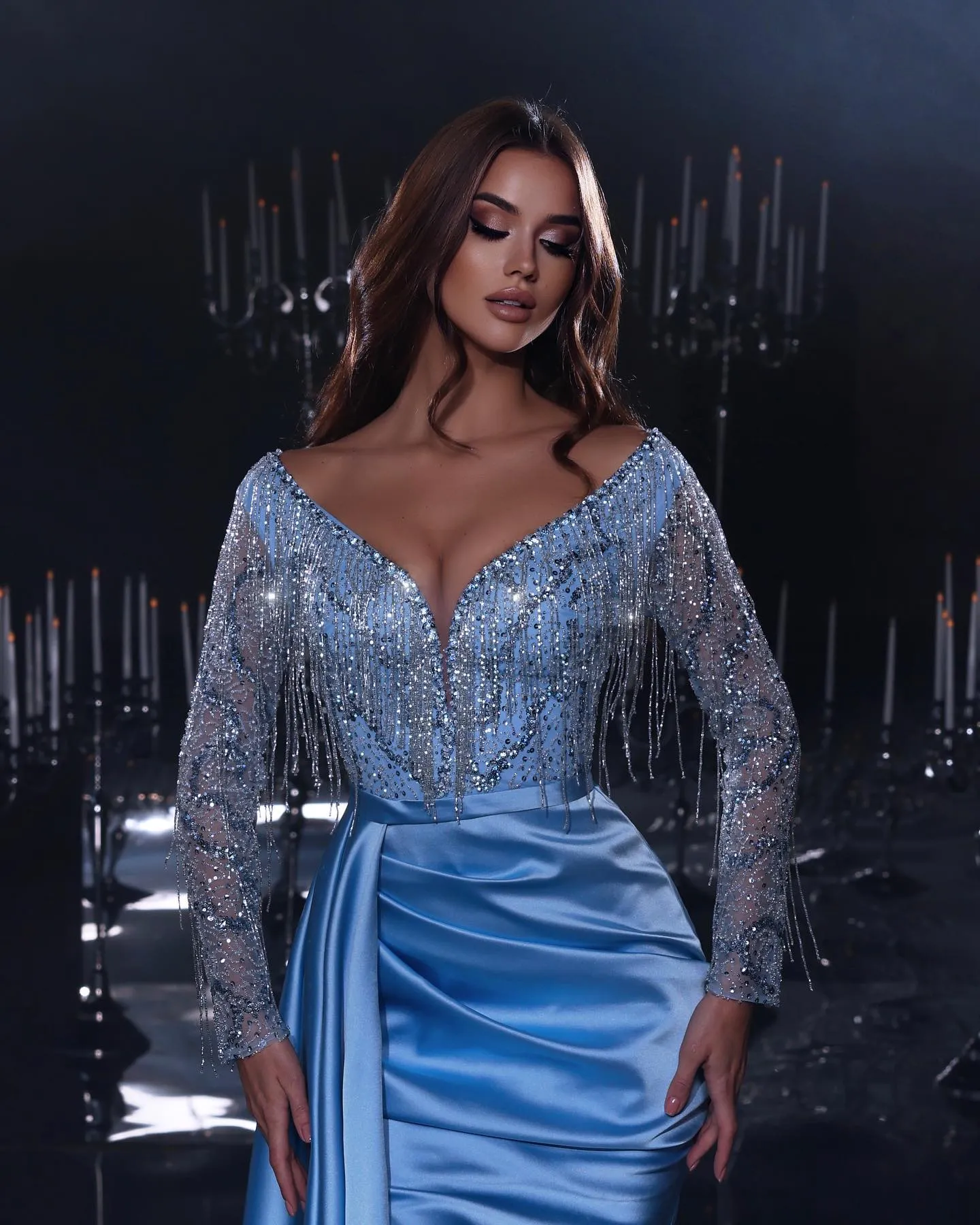 Elegant Prom Dress Mermaid V-Neck Tassels Long Sleeves with Applicant Beaded Tulle Draped Stain Front Split Gown Custom Made Dubai Dress Plus Size Robes
