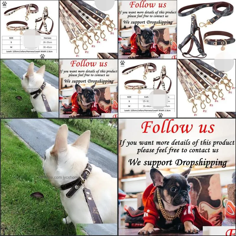 leather designer dogs collar leashes set classic plaid pet leash step in dog harness for small medium dogs cat chihuahua bulldog poodle brown s