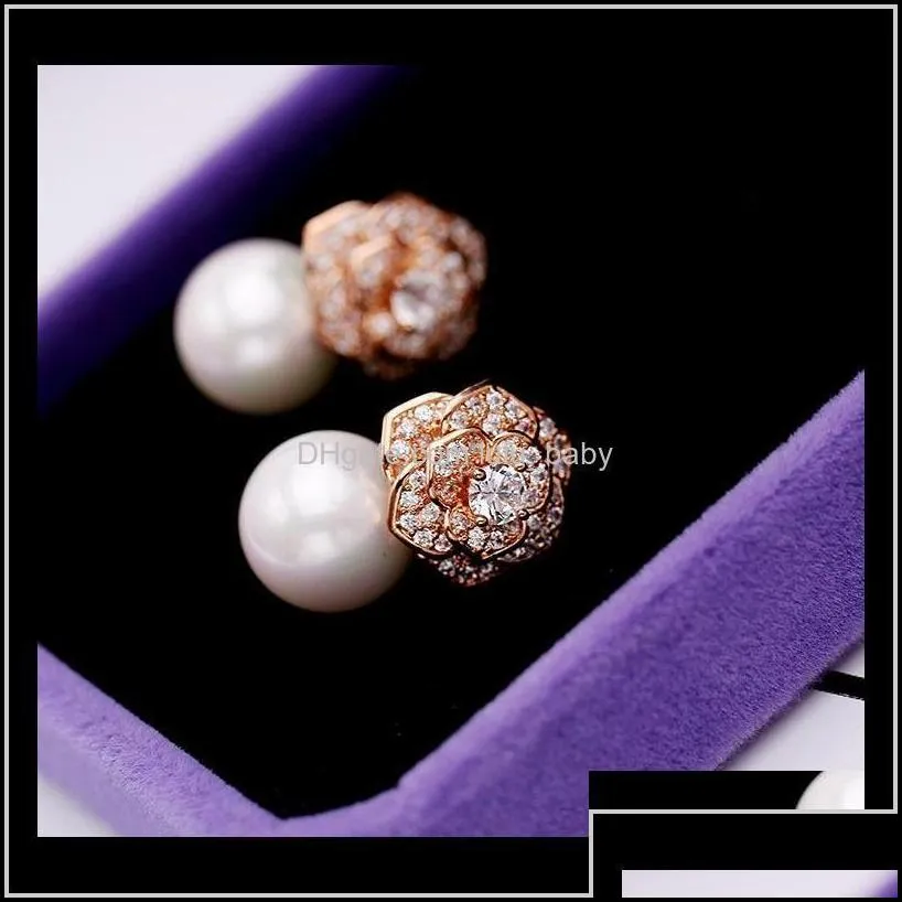lovely diamond zircon camillia flower pearl earrings for woman girls super glittering ins fashion luxury designer 925 silver post c6st