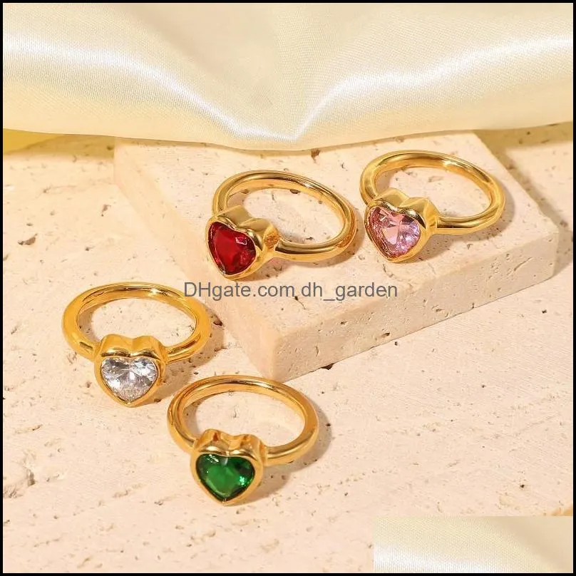 cluster rings cute y2k heart stainless steel 18k gold jewelry crystal cz stone large green red pink white zircon for girls gift