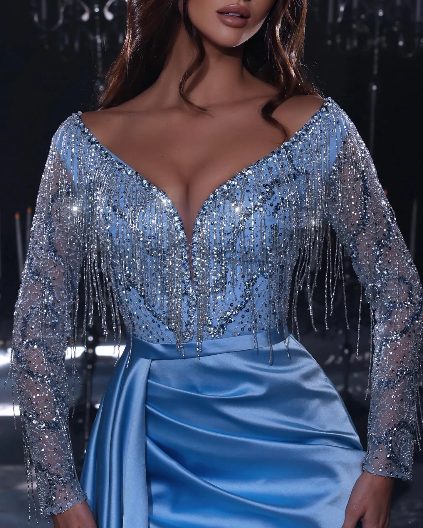 Elegant Prom Dress Mermaid V-Neck Tassels Long Sleeves with Applicant Beaded Tulle Draped Stain Front Split Gown Custom Made Dubai Dress Plus Size Robes
