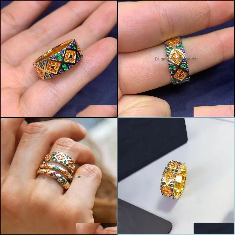 cluster rings fashion real 925 sterling silver gold color multicolor rhombus pattern tribal wide finger ring mana series for womencluster