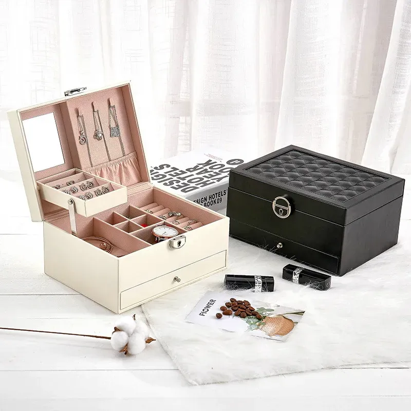 Jewelry Box 2 Layer Organizer PU Leather Jewelries Organizer Case Boxes with Lock and Mirror Jewelry Storage Box 22 5 17 12cm217b
