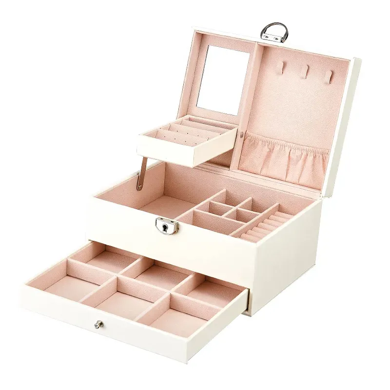 Jewelry Box 2 Layer Organizer PU Leather Jewelries Organizer Case Boxes with Lock and Mirror Jewelry Storage Box 22 5 17 12cm217b