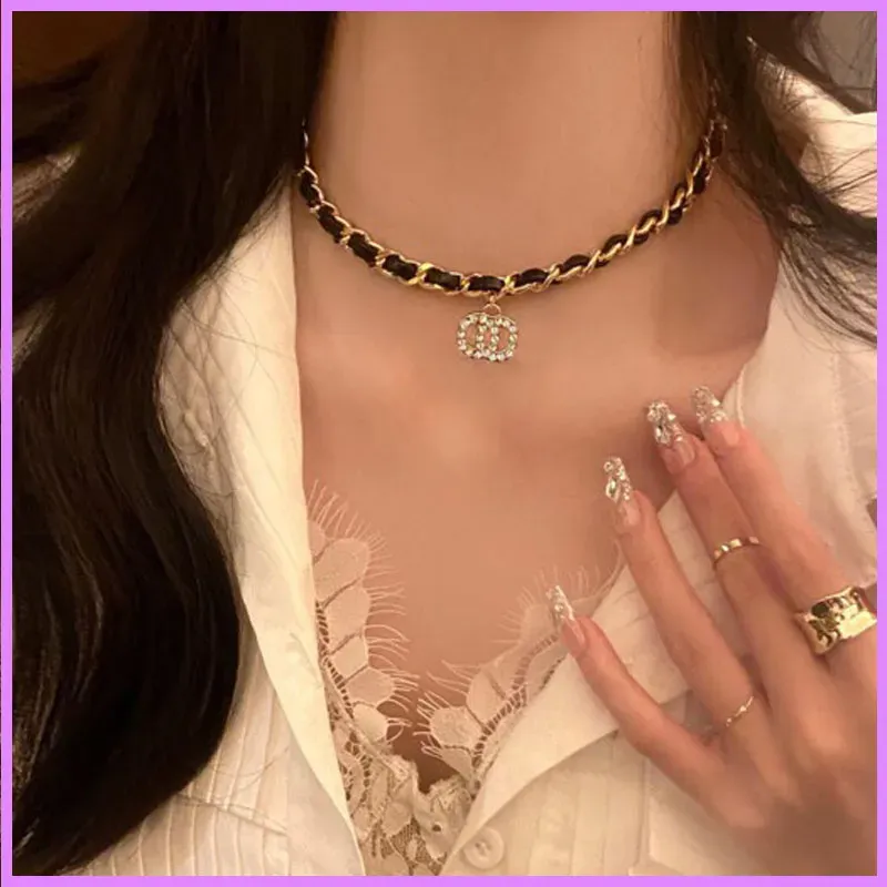 Women Fashion Chokers Necklace Designer Jewelry Leather Rope Gold Necklaces Accessories Womens For Party With Diamonds D223074F