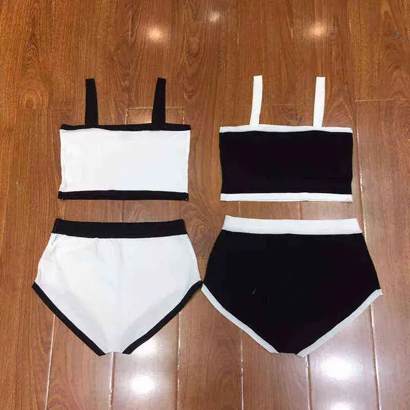 2022 women`s Women`s Tracksuits summer color blocking letter backless one line collar knitted suspender simple sexy sleeveless short suit